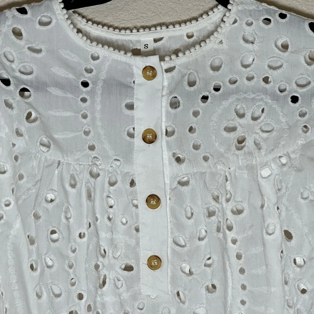 Boho Elegant Classic White Sheer Eyelet Top from SHEIN S Feminine Oversized - Picture 2 of 7